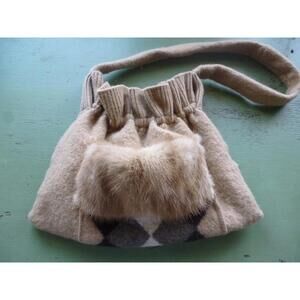 Felted Wool Argyle Purse With Fur Trim, Repurposed Sweater